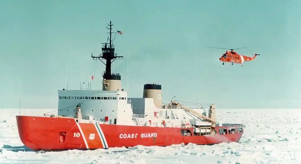 4. Polar Sea’s sister icebreaker Polar Star breaking ice with her red HH-52 helicopter deployed. (U.S. Coast Guard) 4. Polar Sea’s sister icebreaker Polar Star breaking ice with her red HH-52 helicopter deployed. (U.S. Coast Guard)